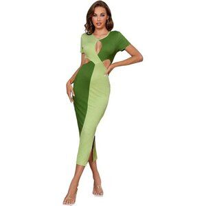 Women's Sexy Cut Out Keyhole Front Dress Split Side Hem Colorblock